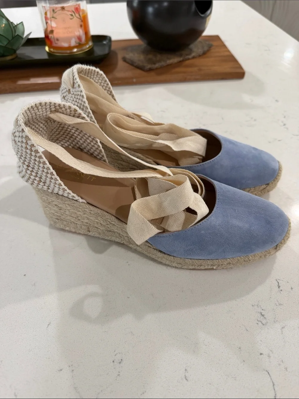 LK Bennett Light Blue Suede Espadrille Wedge Sandals with Cream Ankle Ties